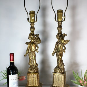 Pair xl french brass putti cherub figurine table lamps