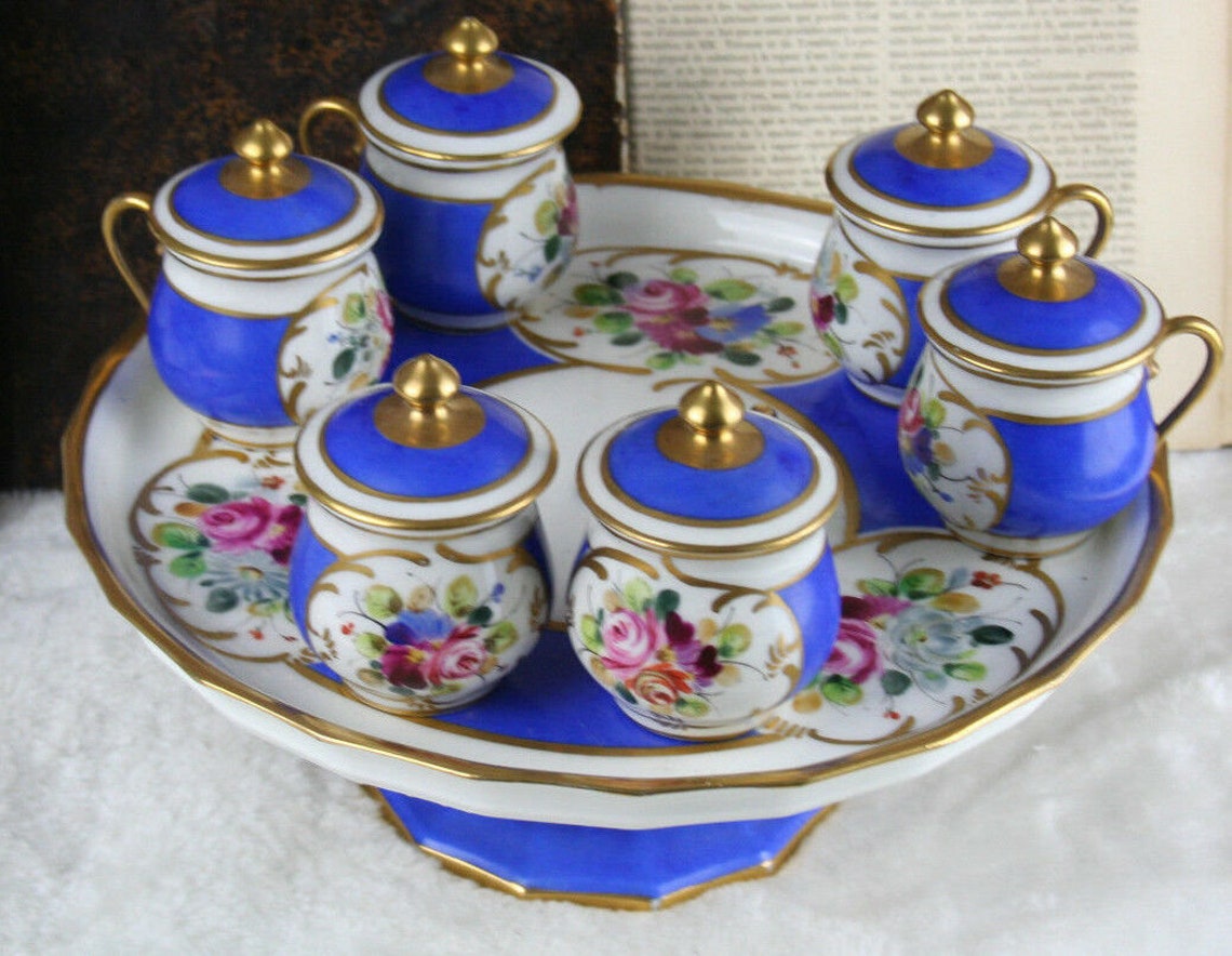 Antique french serving tray 6 cream pots sevres floral Etsy