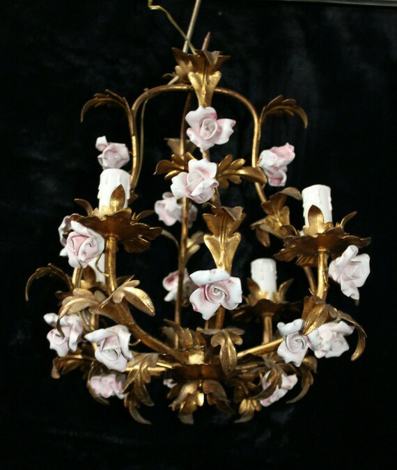 Vintage Metal Gold Gilt Porcelain Pink Flower Chandelier Lamp Denmark Vintage Metal Gold Gilt Porcelain Pink, Gold Chandelier With Pink Flowers
