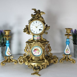 Antique 19th sevres porcelain putti angel brass mantel clock set candle holder