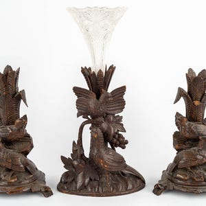 Antique black forest wood birds set centerpiece side candle holders rare