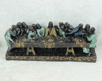 Antique large French chalkware polychrome last supper statue religious