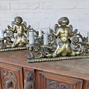 Pair antique french putti cherub xl metal bronze patinated wall lights sconces