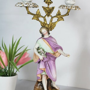 Antique french vieux paris pastel bisque porcelain candle holder lady figurine