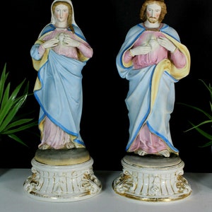 Paar antieke vieux andenne bisque porselein heilig hart Christus Maria beeld zeldzaam
