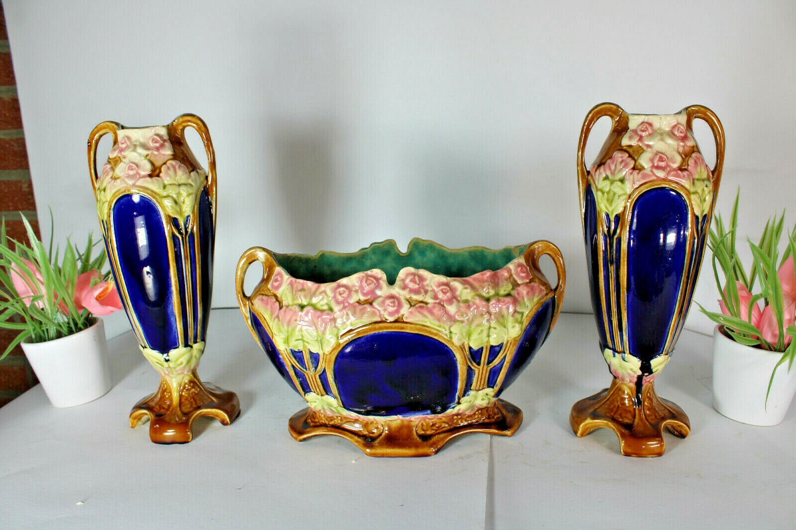 Antique art nouveau barbotine majolica vases centerpiece mantel set