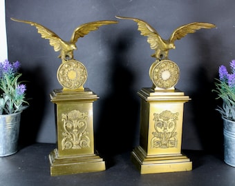 Pair antique bronze fireplace andirons eagle empire design