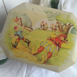 Vecchia scatola di stagno litho Tom Thumb gigante antico vintage fiaba rara biscotti cioccolato
