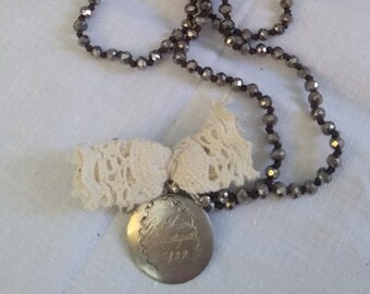 antique french 1930 medallion with vintage necklace and fabric steampunk ooak