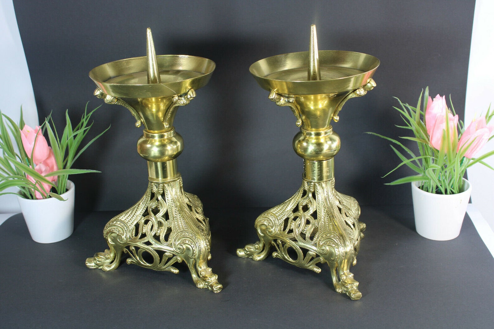 Pair antique bronze religious candlesticks candle holder Etsy
