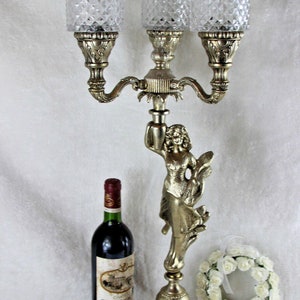 Huge spelter bronze silver patina art nouveau lady table lamp 3 glass arm putti