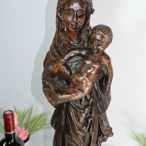 Antique large wood carved religious madonna statue figurine