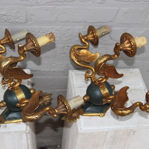 Majestuosa pareja francés bronce cisne imperio animal 3 brazo pared sconces luces raras