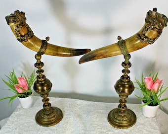 Pair antique french cornucopia bronze horn statue louis xvi decor