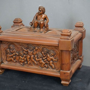 Xl french vintage oak wood carved box putti cherub figural decors