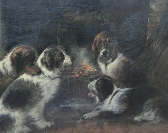 Top listed edward joris moerenhout antique oil panel dogs at rest signed 19th c