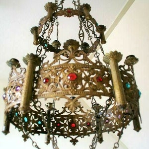 Antique church neo gothic brass religious chandelier candle holder lamp stones