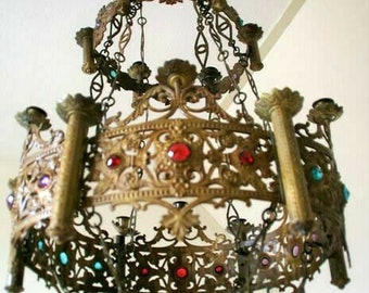 Antica chiesa neo gotico ottone religioso lampadario candela portacandele pietre