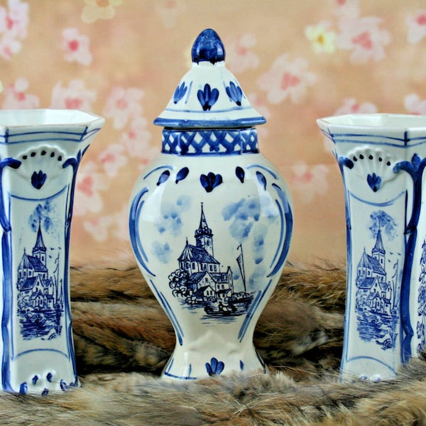 Delft dutch porcelain  mantel set garniture vases ( 3 pcs ) all marked