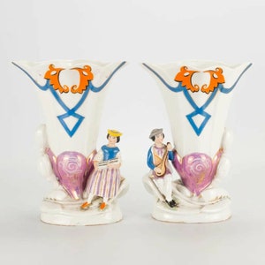 Pair antique french 19thc vieux paris porcelain vases figurine romantic