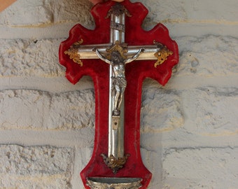 Antique Français crucifix religieux croix christ velours rouge