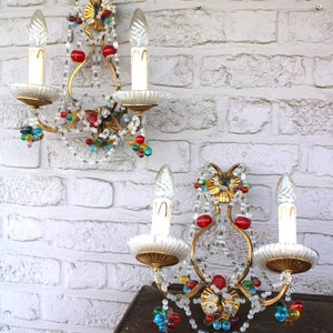 Pair italian murano multi colour glass drops fruit wall lights sconces rare 1970