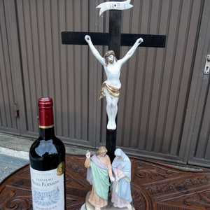 Antique belgian vieux andenne bisque porcelain calvary crucifix holy water font