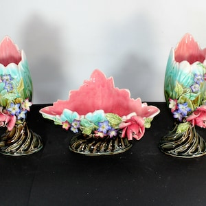 Antique french barbotine majolica set centerpiece vases art nouveau marked