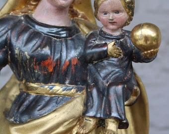Antique 19thc Wood Carved Polychrome Gold Gilt Madonna Child