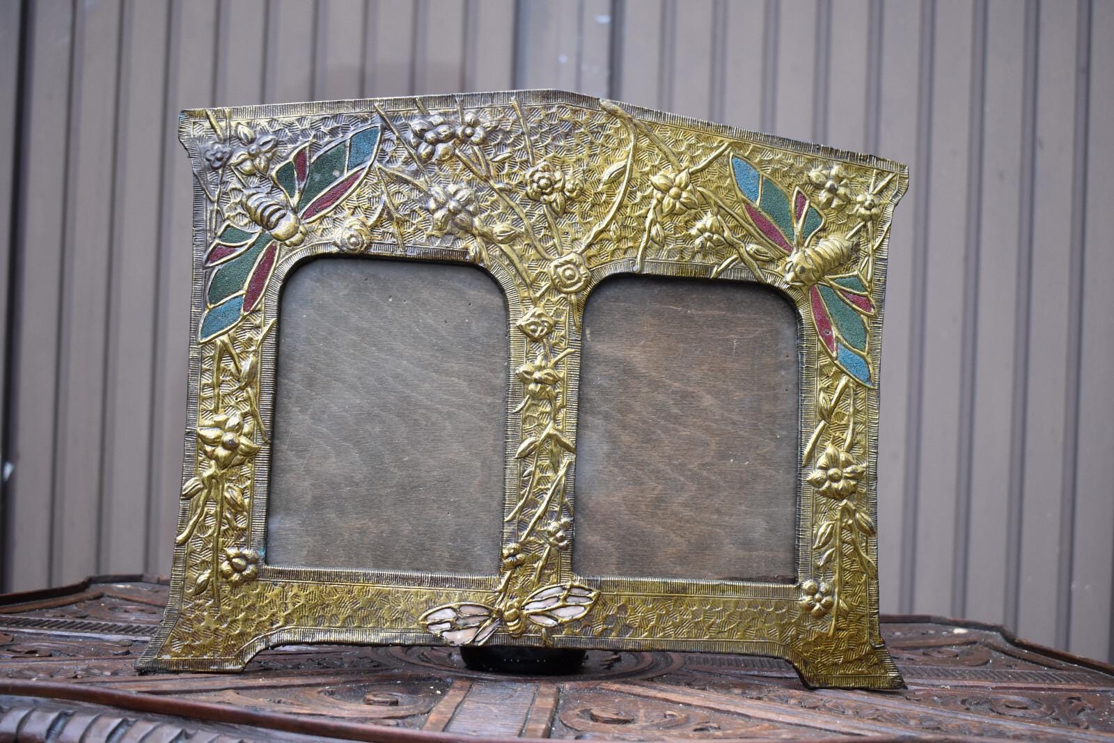 Ancien Cadre Photo Mural Art Nouveau En Métal, Bois, Décors De Libellules