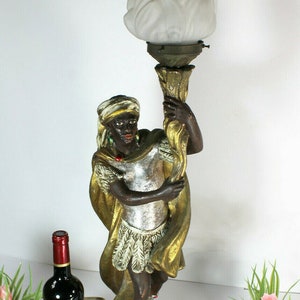Vintage xl french chalk blackamoor figurine statue lamp flame shade