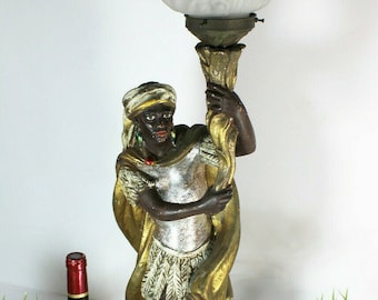 Vintage xl french chalk blackamoor figurine statue lamp flame shade