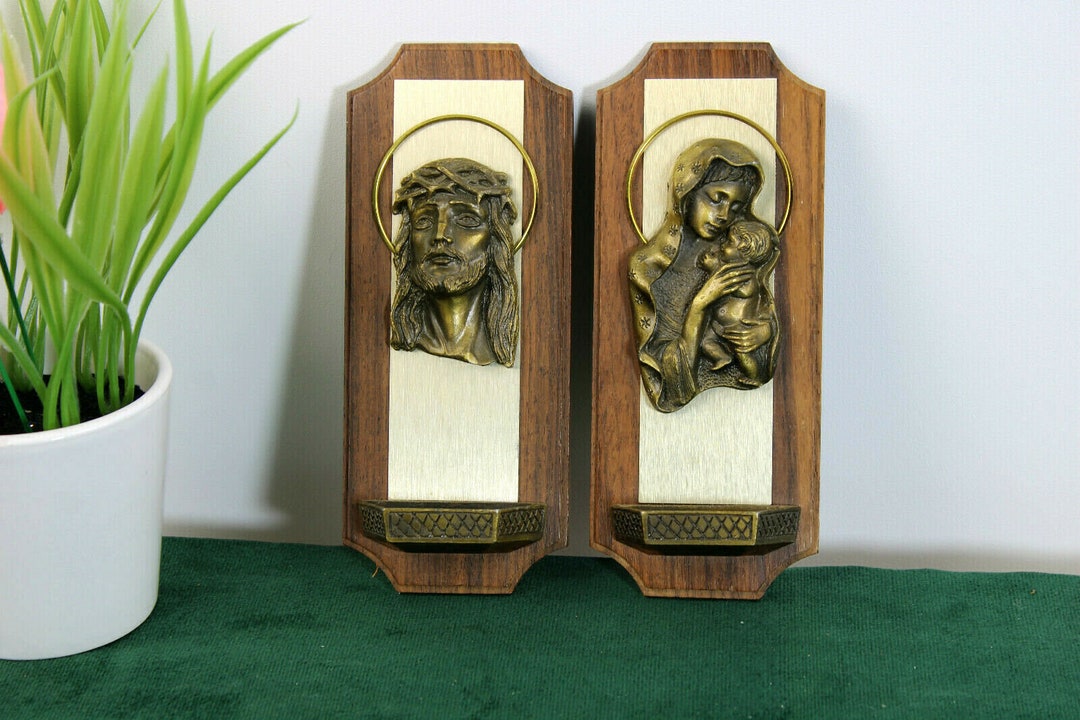 Pair Antique French Art Deco Metal Madonna Jesus Holy Water Font ...