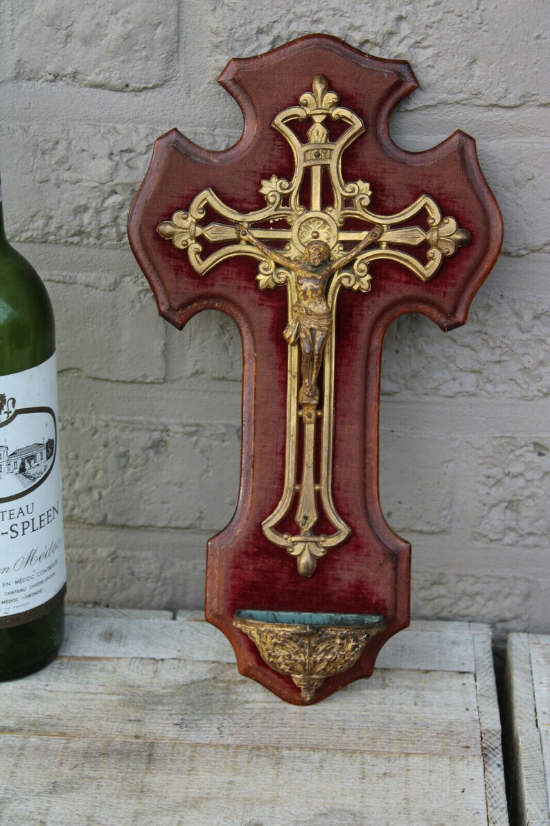 Antique French Holy Water Font Crucifix Velvet Religious Etsy
