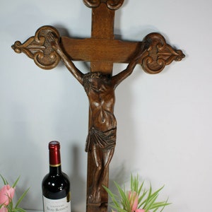 Large antique french wood carved crucifix religious