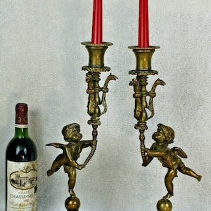 Pair bronze putti cherub dragon bird candle holder lamps