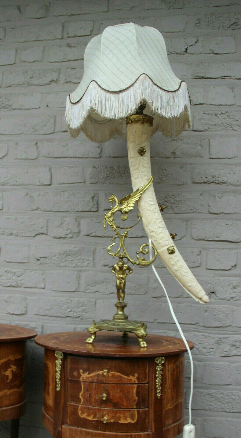 Xl antique french gothic castle bronze dragon horn table lamp figurine rare