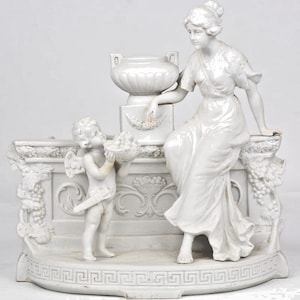 Antique german grafenthal marked bisque porcelain jardiniere planter putti lady