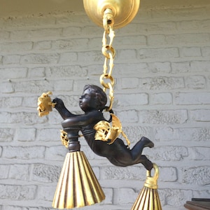 Vintage Bronze Putti Engel Kronleuchter Lampe selten