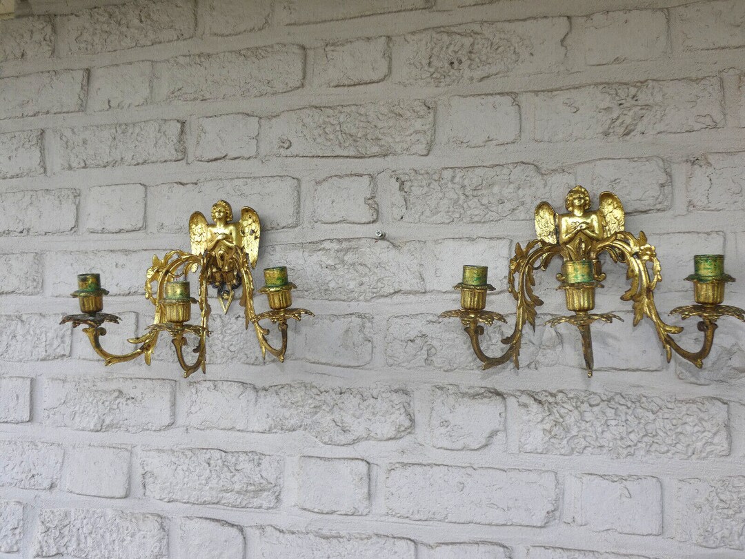 Pair Antique Brass Wall Candle Holders Angels Figural Decor Etsy