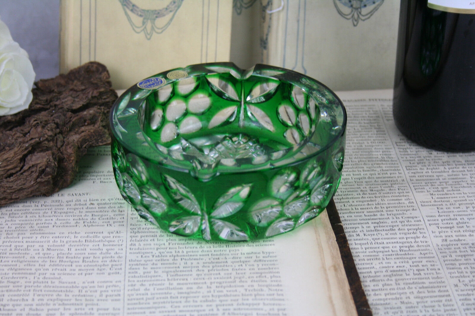 Luxury crystal ashtray bohemia bohemian marked czech green coloured rare model