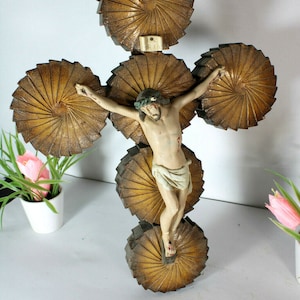 antique French wood cut cross crucifix chalkware christ corpus
