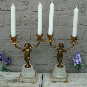 French vintage pair brass putti cherub candlestick candle holder figurine