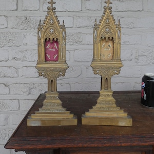 Pair neo gothic 19thc copper niche chapel relic holders 10 saints religious wax