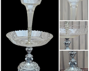Antik kontinental silverpläterad glasdekoration från 1800-talet, miljöbord