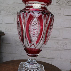 Val saint lambert jupiter crystal glass ruby red clear cut vase