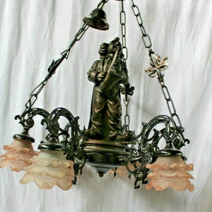 Vintage french 1970 cast resin clown circus chandelier pink glass shades
