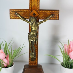 Antique bronze wood inlay signed crucifix cross religious