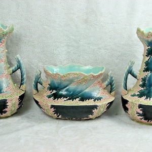 Antique french art nouveau barbotine majolica planter vase set