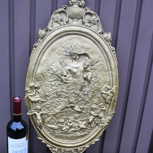 Antique xl ceramic chalk wall plaque panel cherub angels nymph relief rare